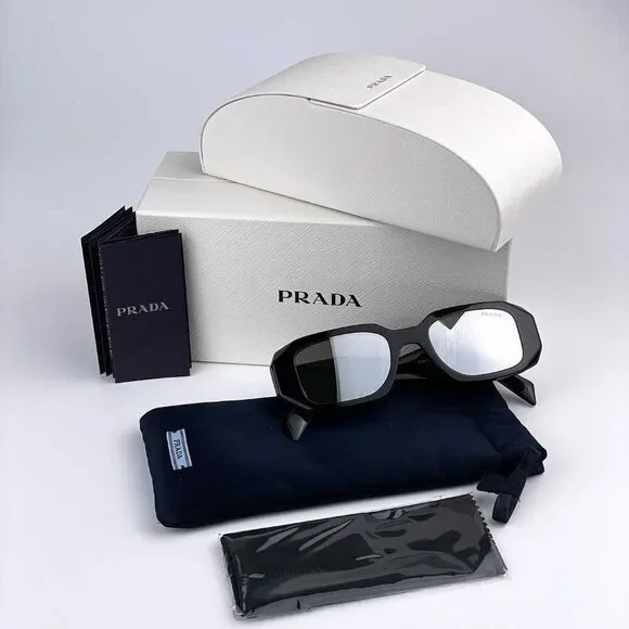 NEW Prada PR17WS 1AB2B0 Black Light Gray Mirrored Silver Square Unisex - Picture 8 of 14